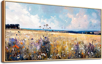hyidecorart Wood Framed Canvas Print Wall Art Living Room Boho Wall Decor For Bedroom Farmhouse Autumn Watercolor Wild flowers Nature Field Landscape Wall Paintings Pictures Office Decoration