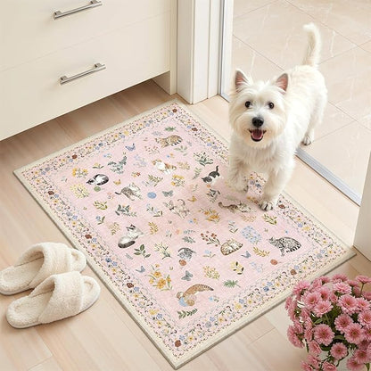 Soalmost 2x3 Dog Rugs for Entryway, Machine Washable Door Mat Animal Floral Small Area Rug Non-Slip Low Pile Soft Throw Rugs for Entrance Kitchen Indoor Front Door Kids Room (2 x 3,Pink)