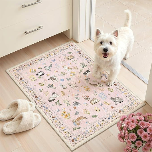 Soalmost 2x3 Dog Rugs for Entryway, Machine Washable Door Mat Animal Floral Small Area Rug Non-Slip Low Pile Soft Throw Rugs for Entrance Kitchen Indoor Front Door Kids Room (2 x 3,Pink)