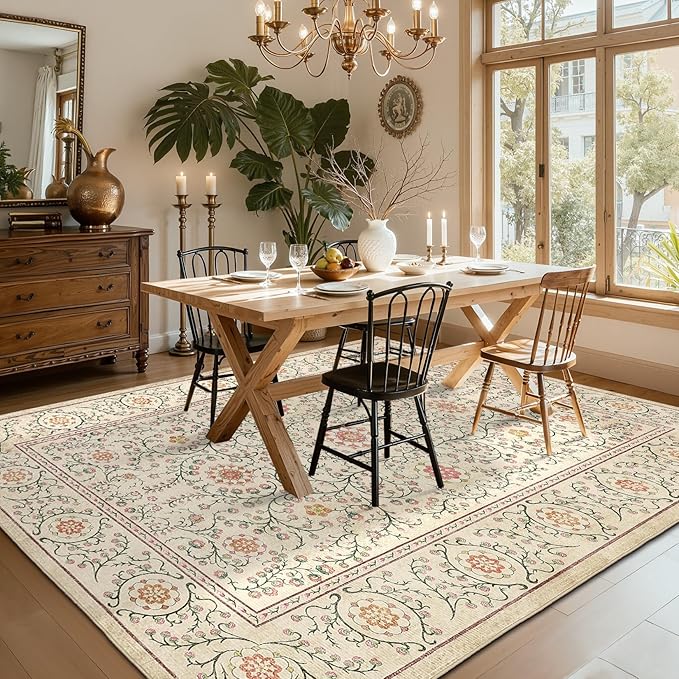 GarveeHome Boho 8x10 Area Rugs for Living Room, Floral Vintage Rugs for Bedroom with Soft Low Pile, Non Slip Stain Resistant Washable Rug 8x10 for Dining Room Camel Large Carpet for Office Playroom