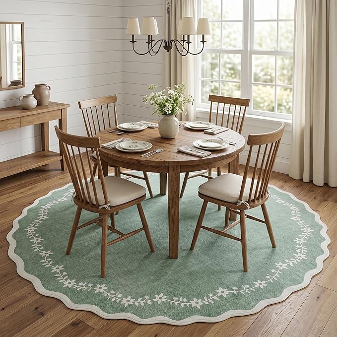 GarveeHome Round Area Rugs 5ft for Bedroom, Sage Green Washable Circle Rug Soft Non Slip Floral Print Floor Mat Carpet Indoor Thin Rug for Kids Room Dining Room Playroom Nursery