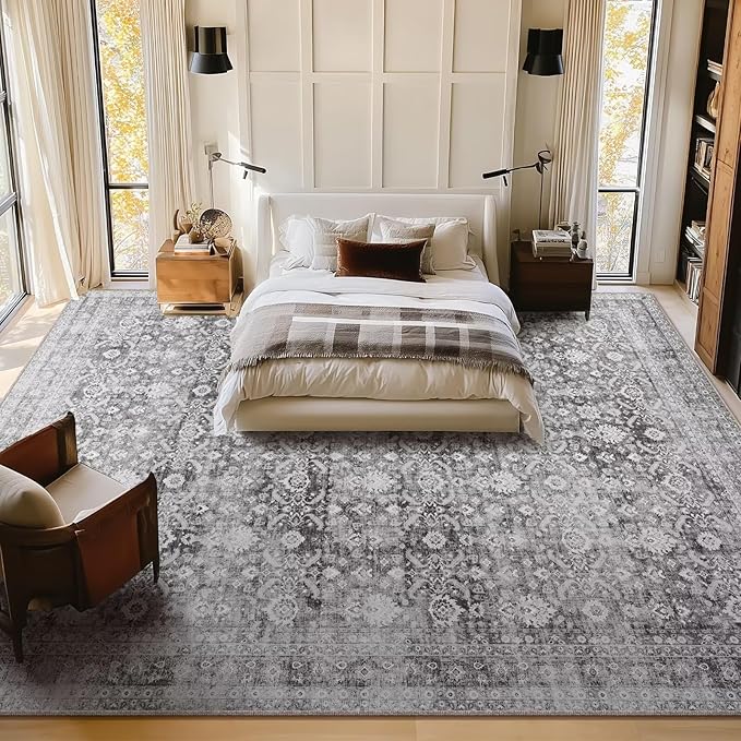 Washable 10x14 Area Rugs for Living Room, Boho Non-Slip Vintage Distress Large Rugs for Bedroom Dining Room Office, 0.3" Neutral Oriental Throw Thin Carpet, Grey/Multi, C5