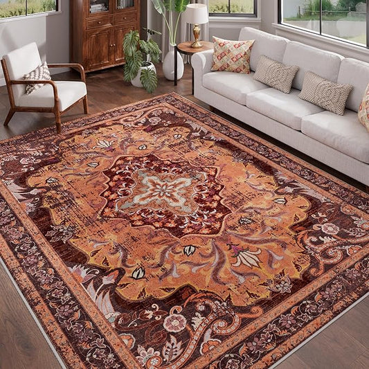 RUSHUFFY 5x7 Washable Area Rugs for Bedroom, Vintage Boho Distressed Print Pattern Rugs for Living Room, Soft Non-Slip Carpet for Indoor Dining Room Nursery Farmhouse Girls Room, Orange & Red