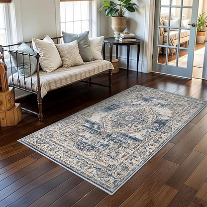 YOUFORTONG Washable Rug 3x5 Area Rugs: Soft Ultra Thin Low Pile Mat Machine Washable Indoor Doormat Lightweight Entry Rug Anti Slip Backing Rugs for Living Room Bedroom Kitchen 3'x5' Blue