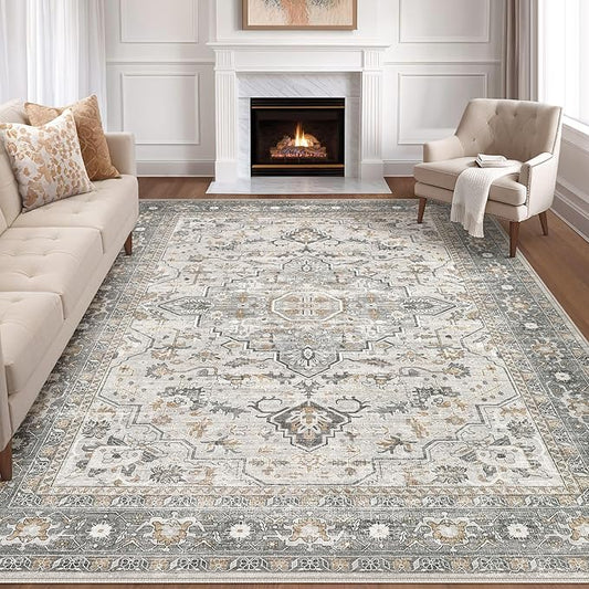9x12 Area Rug Living Room: Washable Boho Large Neutral Vintage Soft Rugs Stain Resistant Distressed Farmhouse Non-Slip Indoor Floor Carpet for Bedroom Nursery Kids Office Dining Room- Taupe