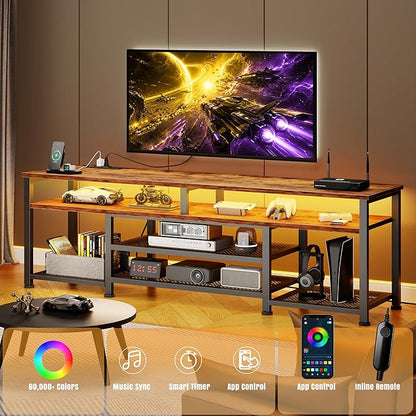 Korfile TV Stand for 65/75/80 inch TV, 71 in Entertainment Center with LED Lights and Power Outlets, TV Console Table with Open Shelves for Living Room and Bedroom, Rustic Brown