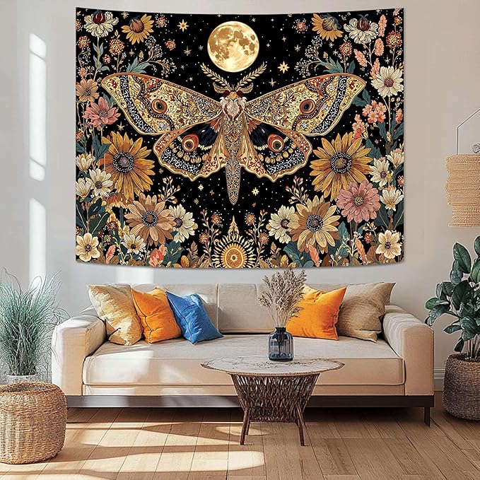 Leeisysme Hippie Moth Butterfly Moon Tapestry, Aesthetic Witchy Floral Moth Wall Art for Living Room Bedroom Home Decor, 44x60 inches