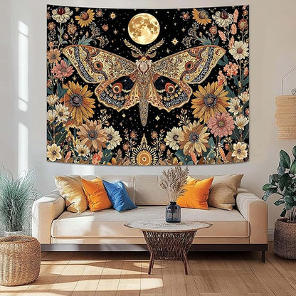Leeisysme Hippie Moth Butterfly Moon Tapestry, Aesthetic Witchy Floral Moth Wall Art for Living Room Bedroom Home Decor, 60x80 inches