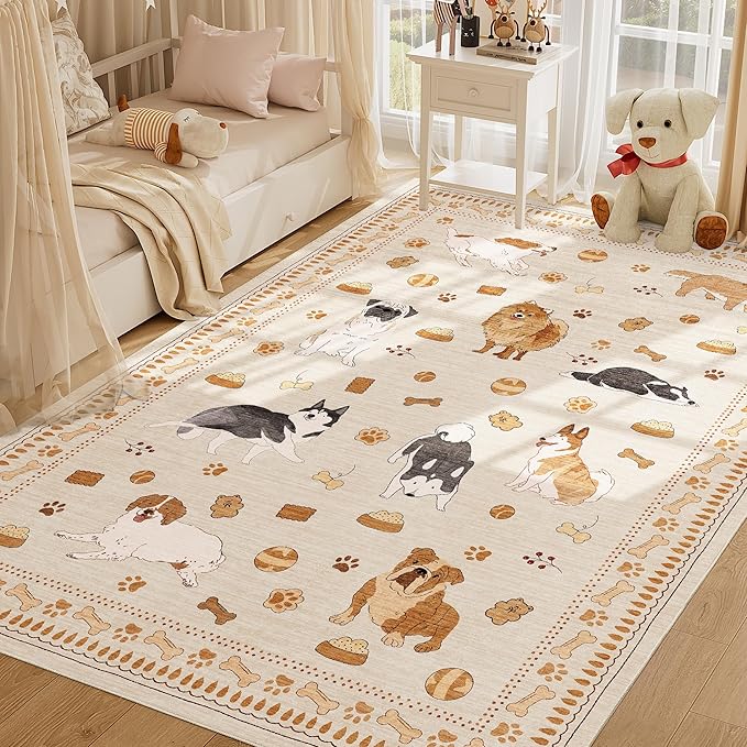 DUKINO 5x7 Rug for Living Room, Lightweight Animal Dog Print Washable Area Rug, Non Slip & Low Pile Floor Mat, Stain Resistant Carpet for Bedroom, Nursery, Dining Room, Kids Playroom, Beige Yellow