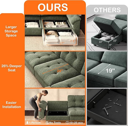 Oversized Modular Sectional Sofa with Storage, Modern Deep Seat Cloud Couch for Living Room, L-Shaped Large Sectional Couch, Only Single Seat, Green