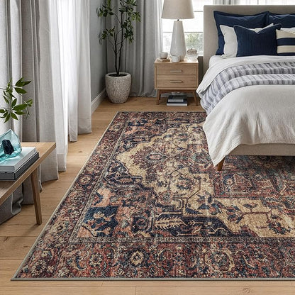 Bloom Rugs Washable 6' x 9' Rug - Beige/Terracotta Traditional Area Rug for Living Room, Bedroom, Dining Room, and Kitchen - Exact Size: 6' x 9'