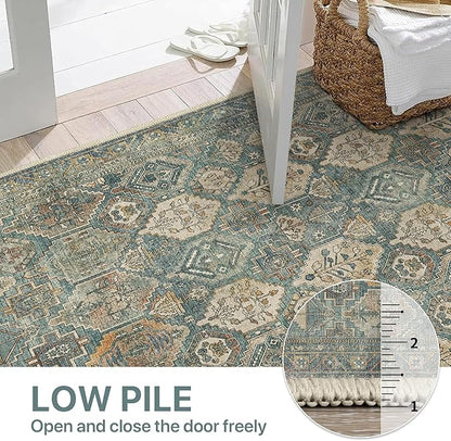 Bavni Washable Rug 8x10 Area Rug for Living Room Bedroom Dining, Washable Vintage Print Carpet, Ultra-Thin Low Pile Lightweight Rug with Non Slip Backing, Teal