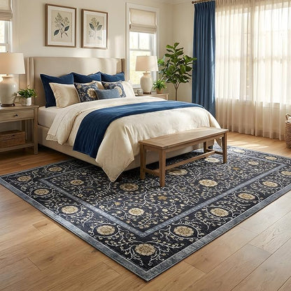 GarveeHome Boho 5x7 Area Rug for Bedroom, Floral Vintage Rugs for Living Room with Soft Low Pile, Non Slip Botanical Washable Rugs 5x7 for Dining Room Blue Carpet for Entryway Dorm Office Playroom