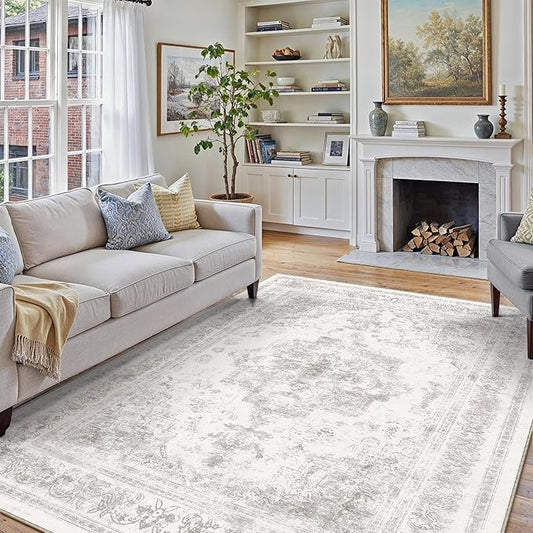 PureCozy Washable Rug 6x9 Area Rug for Living Room Light Gray Vintage Boho Medallion Large Grey Distressed Retro Carpet Non Slip Indoor Low Pile Small Soft Bedroom Dining Room Home Office