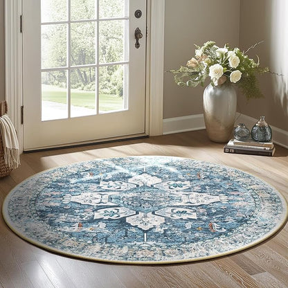 BESTSWEETIE 4ft Area Rug Washable Rugs for Living Room, No Pile Boho Carpet for Entryway Bedroom Dinning Room, Vintage Carpet Print Distressed Non-Slip, 48" Round, Blue Navy