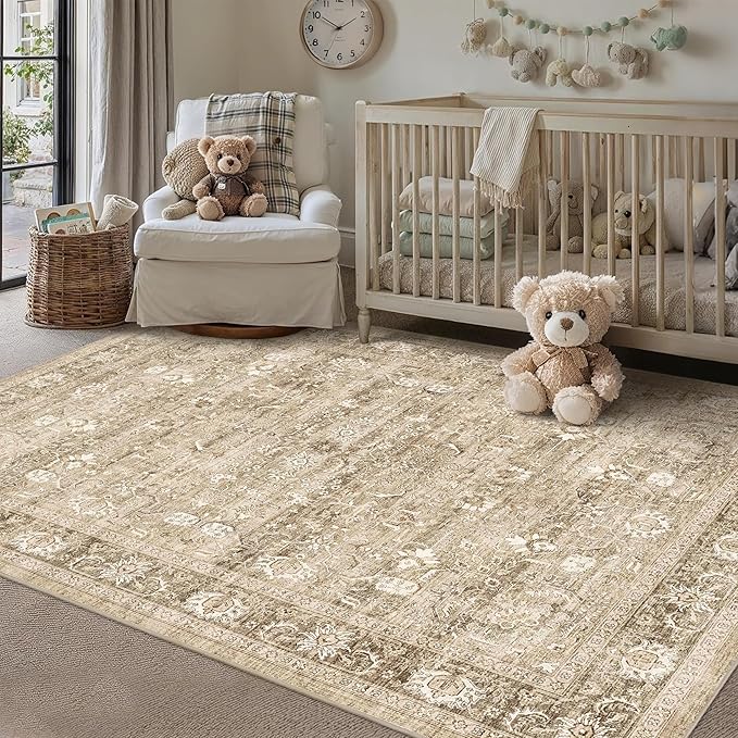 5x7 Beige Washable Area Rugs for Living Room Non Slip Low Pile Vintage Boho Throw Rug Khaki Soft Retro Distressed Floral Carpet Indoor for Bedroom Dining Room Office Kitchen Playroom
