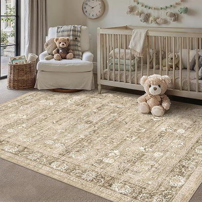 5x7 Beige Washable Area Rugs for Living Room Non Slip Low Pile Vintage Boho Throw Rug Khaki Soft Retro Distressed Floral Carpet Indoor for Bedroom Dining Room Office Kitchen Playroom