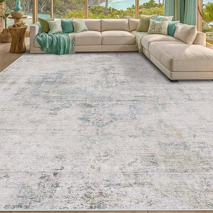 Hazo Haus Modern Farmhouse Area Rug for Living Room - 10x14 Blue Gray Big Rug for Dining Room Table, Lightweight Foldable Low Pile Washable