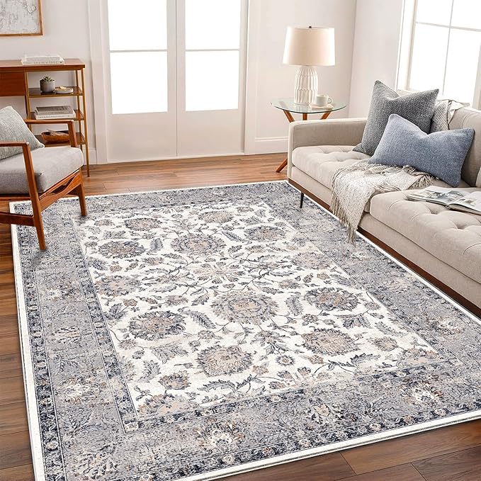 CHAMPLANT Washable Area Rug 4x6 Rugs for Living Room Retro Flowers Machine Non-Slip Bedroom Rug Vintage Trellis Throw Rug Distressed Carpet for Dining Room Office Carpet