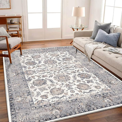 CHAMPLANT Washable Area Rug 4x6 Rugs for Living Room Retro Flowers Machine Non-Slip Bedroom Rug Vintage Trellis Throw Rug Distressed Carpet for Dining Room Office Carpet