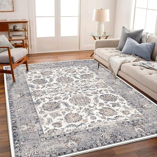 CHAMPLANT Washable Area Rug 5x7 Retro Boho Chic Medallion Distressed Design Living Room Indoor Non-Slip Large Oriental Accent Throw Rug for Kitchen Bedroom Office Carpet