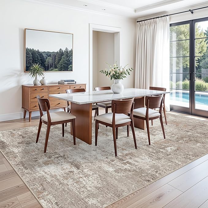 Washable 7x10 Area Rug for Living Room– Soft Non-Slip Carpet for Bedroom Dining Room,Modern Neutral Abstract Low Pile Stain-Resistant (Beige Grey)