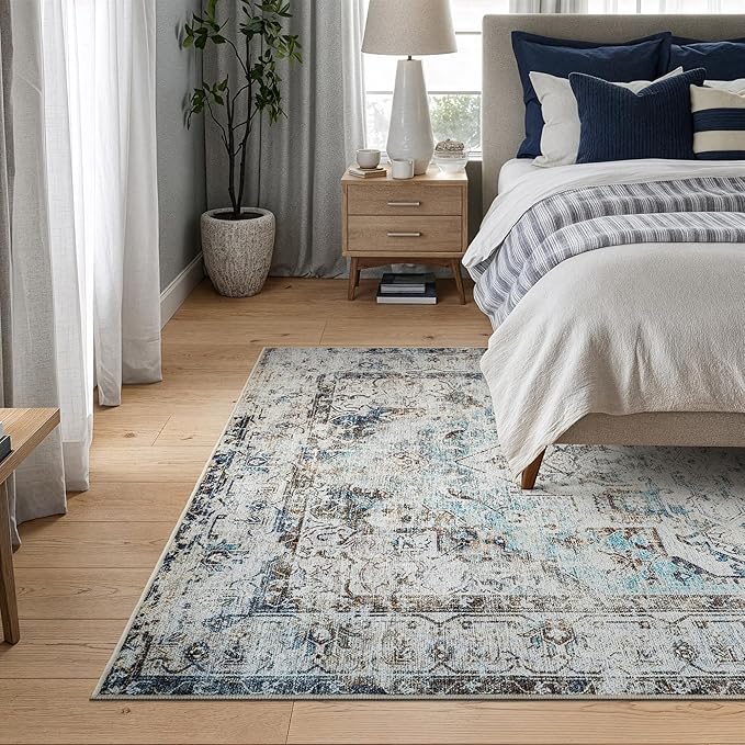 Bloom Rugs Washable Non-Slip 5' x 7' Rug - Beige/Blue Traditional Area Rug for Living Room, Bedroom, Dining Room, and Kitchen - Exact Size: 5' x 7'