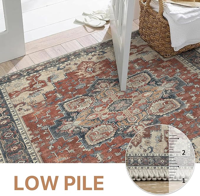 GENIMO 2'6''x14 Runner Rugs for Hallway, Machine Washable Non Slip Vintage Retro Rugs, Low Pile Lightweight Soft Print Rug for enrtyway, Corridor, Home Office, Kitchen, Bordeaux