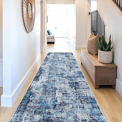 Rug Runners for Hallways Non Slip– Washable Long Kitchen Runner, Low-Pile Thin Modern Abstract Floor Rug for Indoor Entryway, Bedroom, Living Room (Navy Blue)