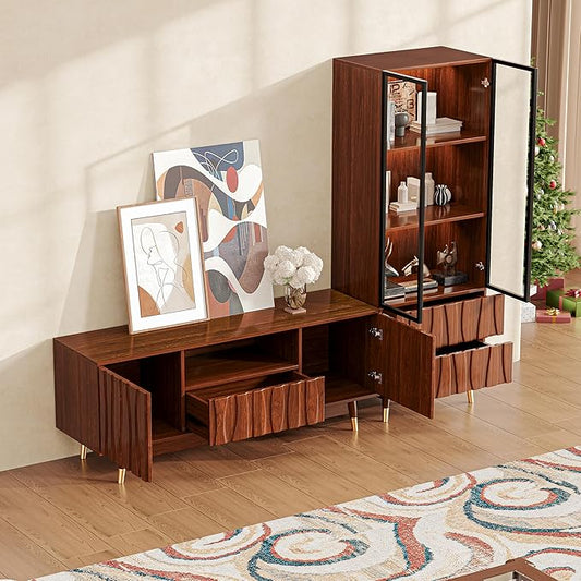 78'' Walnut Finish Entertainment Center for 32/43/55 inch TV, Included 55'' TV Stand and Glass Display Cabinet, 2-Piece Brown Mid Century Modern Wood Media Console for Living Room