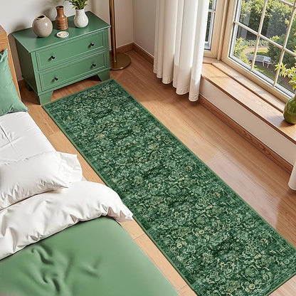Dark Green 2x10 Runner Rug for Hallways Bed Side Kitchen, Boho Washable Distressed Low-Pile Floor Entryway Long Bathroom Mat, Non-Slip Laundry Room Washstand Front Carpet Green 24x120 Inch