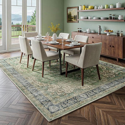 FMFUNCTEX 6x9 Green Washable Area Rug Vintage Distressed Oriental Non Slip Low Pile Neutral Indoor Carpet for Living Room Bedroom Soft Retro Floral Thin Large Rug for Dining Nursery Office Dorm