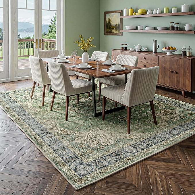 FMFUNCTEX 8x10 Green Washable Area Rug Vintage Distressed Oriental Non Slip Low Pile Neutral Indoor Carpet for Living Room Bedroom Soft Retro Floral Thin Large Rug for Dining Nursery Office Dorm