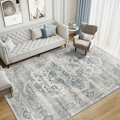 10x14 Living Room Rug - Large Washable Non Slip Vintage Rugs Low Pile Stain Resistant Distressed Carpet for Bedroom Dining Room Home Office 10'x14' Blue/Grey