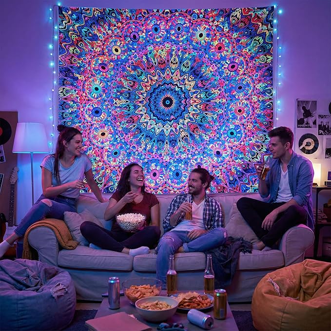 PRRPRR Blacklight Mandala Tapestry for Bedroom, UV Reactive Trippy Wall Tapestry, Bohemian Aesthetic Wall Art Decor for Adults Teens (Mandala, 78"x59")