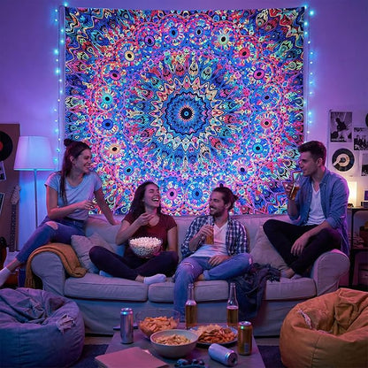 PRRPRR Blacklight Mandala Tapestry for Bedroom, UV Reactive Trippy Wall Tapestry, Bohemian Aesthetic Wall Art Decor for Adults Teens (Mandala, 78"x59")