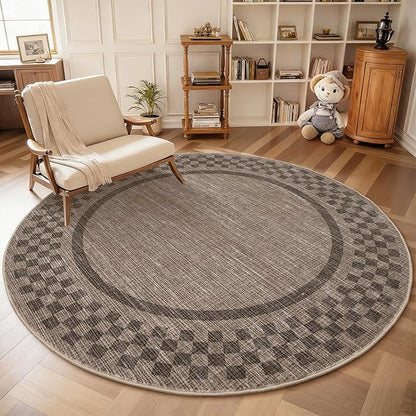 4ft Washable Round Rug for Entryway Modern Checkered Bedroom Circle Rug Non Slip Soft Dining Room Round Throw Carpet Small Stain Resistant Border Round Rugs for Living Room Kitchen Bathroom, Brown