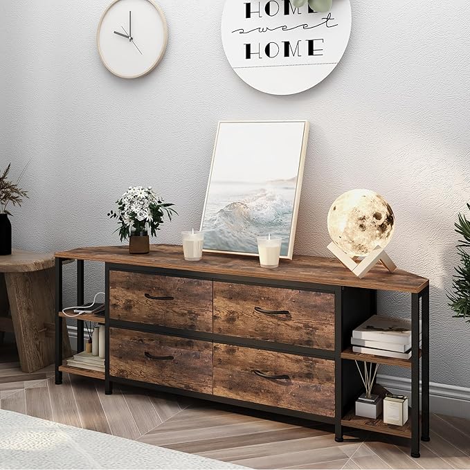 EXOTICA Corner TV Stands for Living Room with 4 Drawers and Power Outlet Industrial Corner Entertainment Centers for TVs up to 55 Inches Farmhouse Corner Console Table with 4 Open Storage for Bedroom