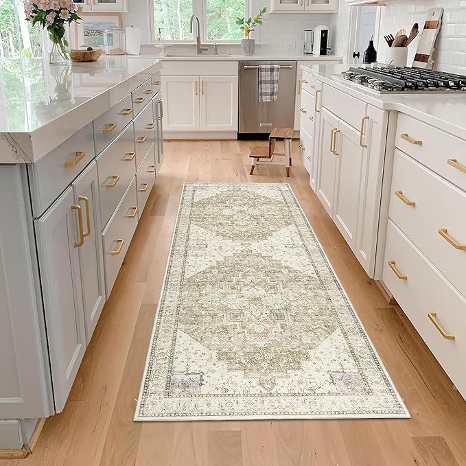 BILEEHOME Boho Rug Runners for Hallway Non Slip Washable Neutral Modern Farmhouse Runner Rug for Kitchen Light Tan Brown and Beige with Rust Terracotta Pattern 3x8