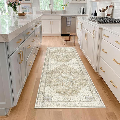 BILEEHOME Boho Rug Runners for Hallway Non Slip Washable Neutral Modern Farmhouse Runner Rug for Kitchen Light Tan Brown and Beige with Rust Terracotta Pattern 3x8