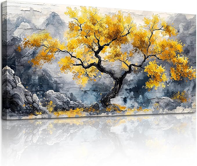 crmotu Tree of Life Large Wall Art, Chinoiserie Scenic Ink Paintings, Mountain Tree Landscape Artwork for Walls, Abstract Watercolor Modern Wall Decor Living Room Bedroom Office Art Prints 24x48inch