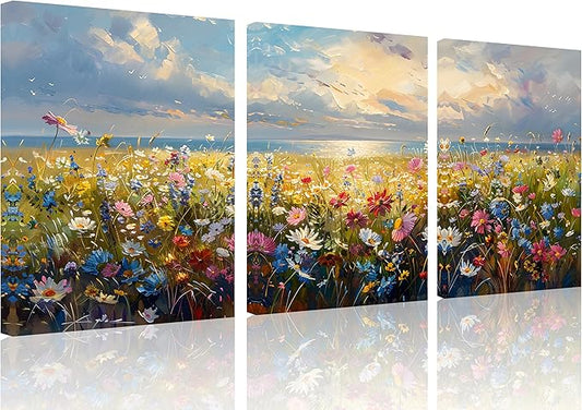TutuBeer 3 Pcs Wildflower Field Artwork Rustic Wildflower Field at Beach Vintage Wall Art Canvas Prints Wild Flower Wall Art Rustic Style Kitchen Office Farmhouse Bathroom Decor 16x24inchx3