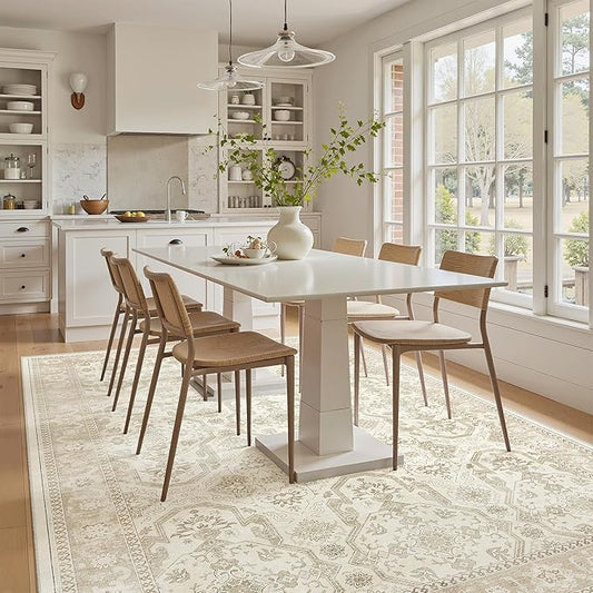 Soalmost 5x8 Area Rugs Beige/Brown Low Pile Indoor Washable Trendy Faded Style Rugs for Bedroom Living Room Dining Room Foldable Non-Slip Thin Print Home Office Mat