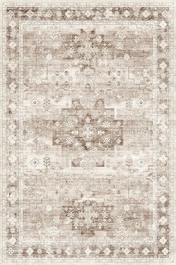 Beige Boho Rug for Living Room 8x12 - Washable Dining Room Rugs for Under Table, Vintage Low Pile Carpet for Bedroom, Non-Slip Farmhouse Large Thin Carpet for High Traffic Area (8x12 Beige/Latte)