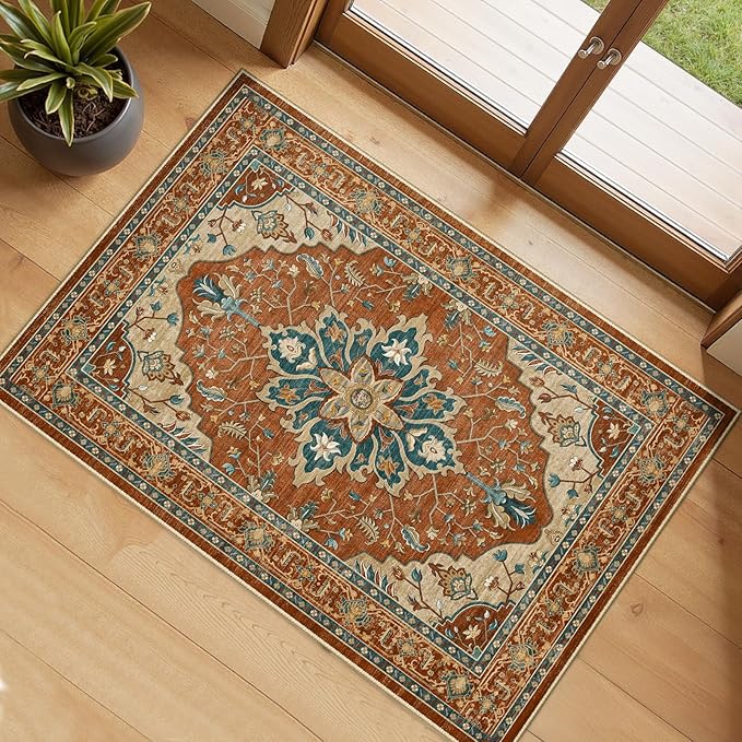 RELEANY Area Rugs 2'x4' Kitchen Rugs Entry Rug Small Rugs for Entryway Kitchen Bathroom Door Mat Indoor Entrance,Washable Non Slip, Red Orange Blue Brown