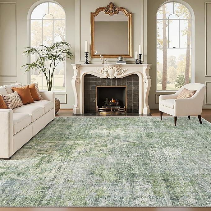 Soalmost Washable Area Rug 8x12, Large Soft Rugs for Living Room Vintage Green/Ivory Carpet 8x12 Area Rugs for Bedroom Dining Room Non-Slip Stain Resistant Under Table Rug