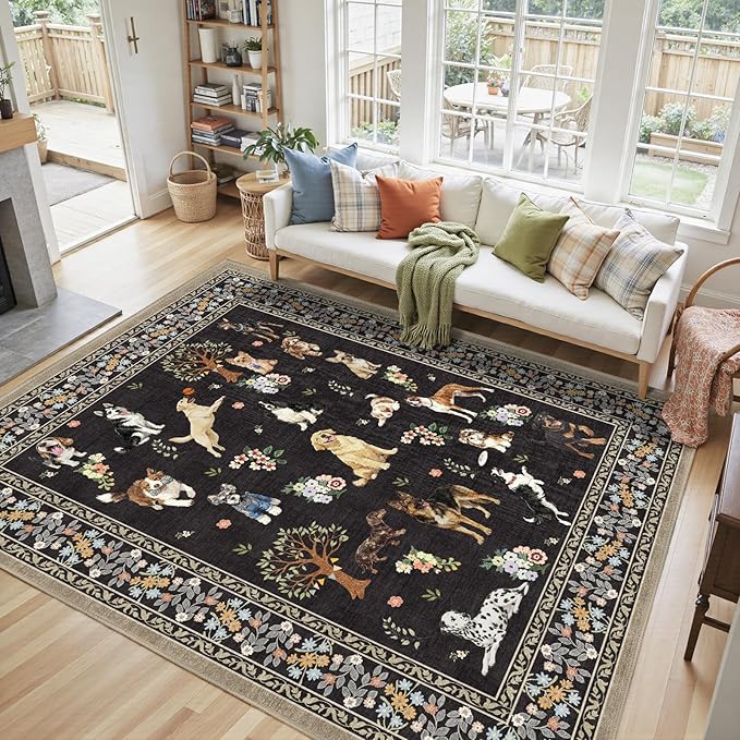 Black Dogs Area Rugs 9x12 Living Room Washable Rug Non Slip Floral Low Pile Large Rug for Living Room, Bedroom, Farmhouse, Dining Room, Kids Playroom