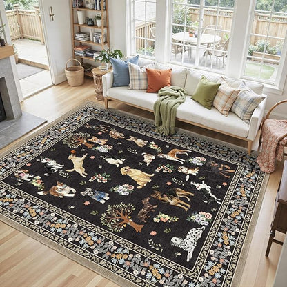 Black Dogs Area Rugs 9x12 Living Room Washable Rug Non Slip Floral Low Pile Large Rug for Living Room, Bedroom, Farmhouse, Dining Room, Kids Playroom