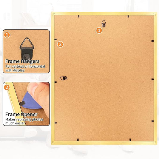 11x14 Picture Frame Set of 8, Gold Wall Gallery Hanging Photo Frames, Display Pictures 8x10 with Mat or 11x14 Without Mat, Poster Frames with Plexiglass for Home Office Wall Decor