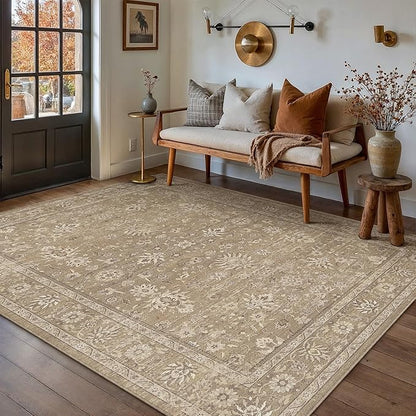 PureCozy 5x7 Area Rug Brown Washable Vintage Carpet Living Room Bedroom Non Slip Stain Soft Resistant Low Pile Thin Boho Accent Indoor Throw Rug for Dining Room Office